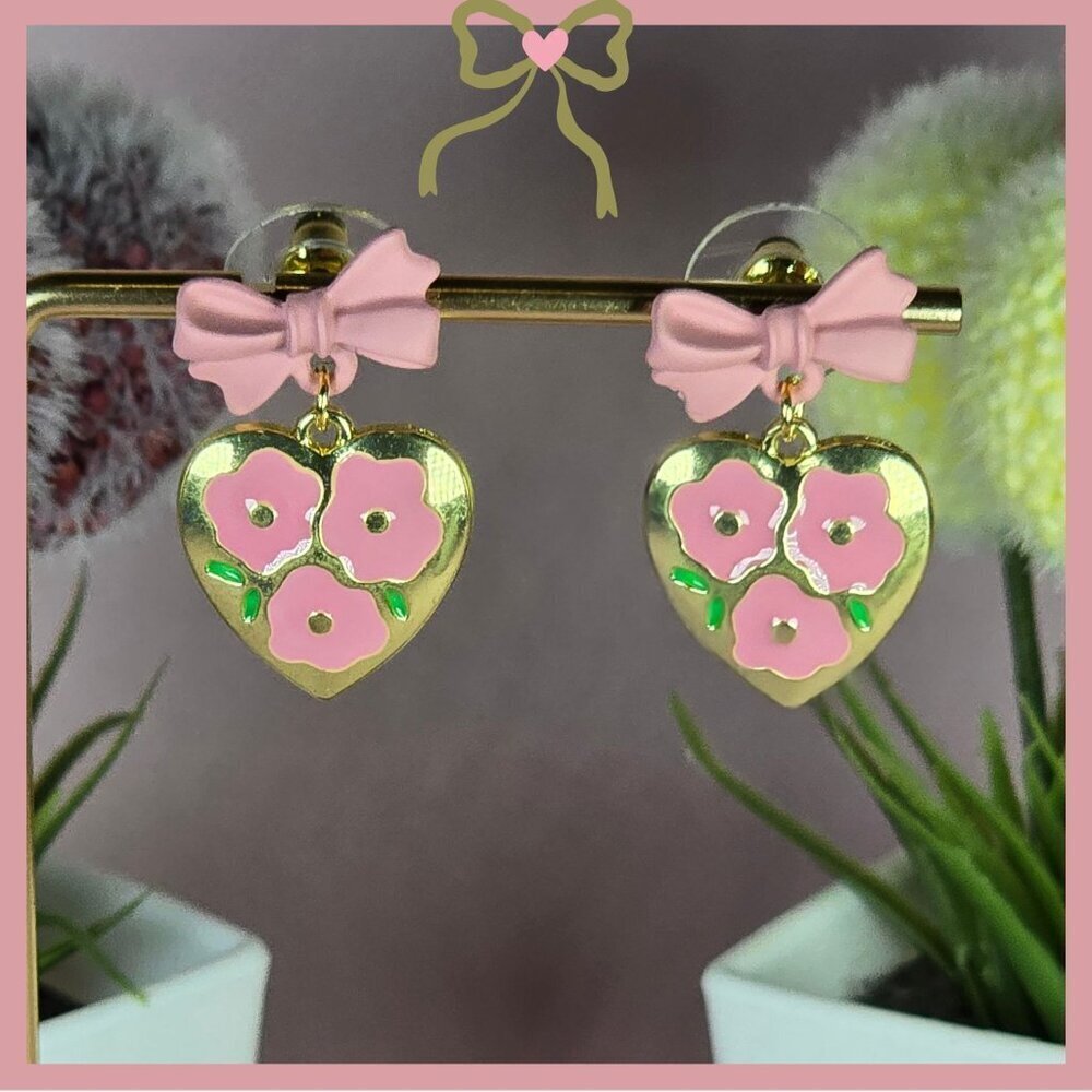 Pink Bow & Floral‎ Heart Earrings (NWOT)